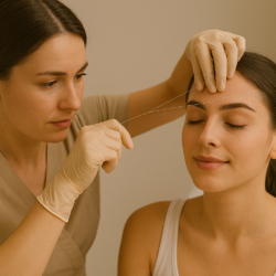 Eyebrow threading on a young woman in a beauty salon