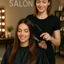 hair pressingon a young woman in a beauty salon
